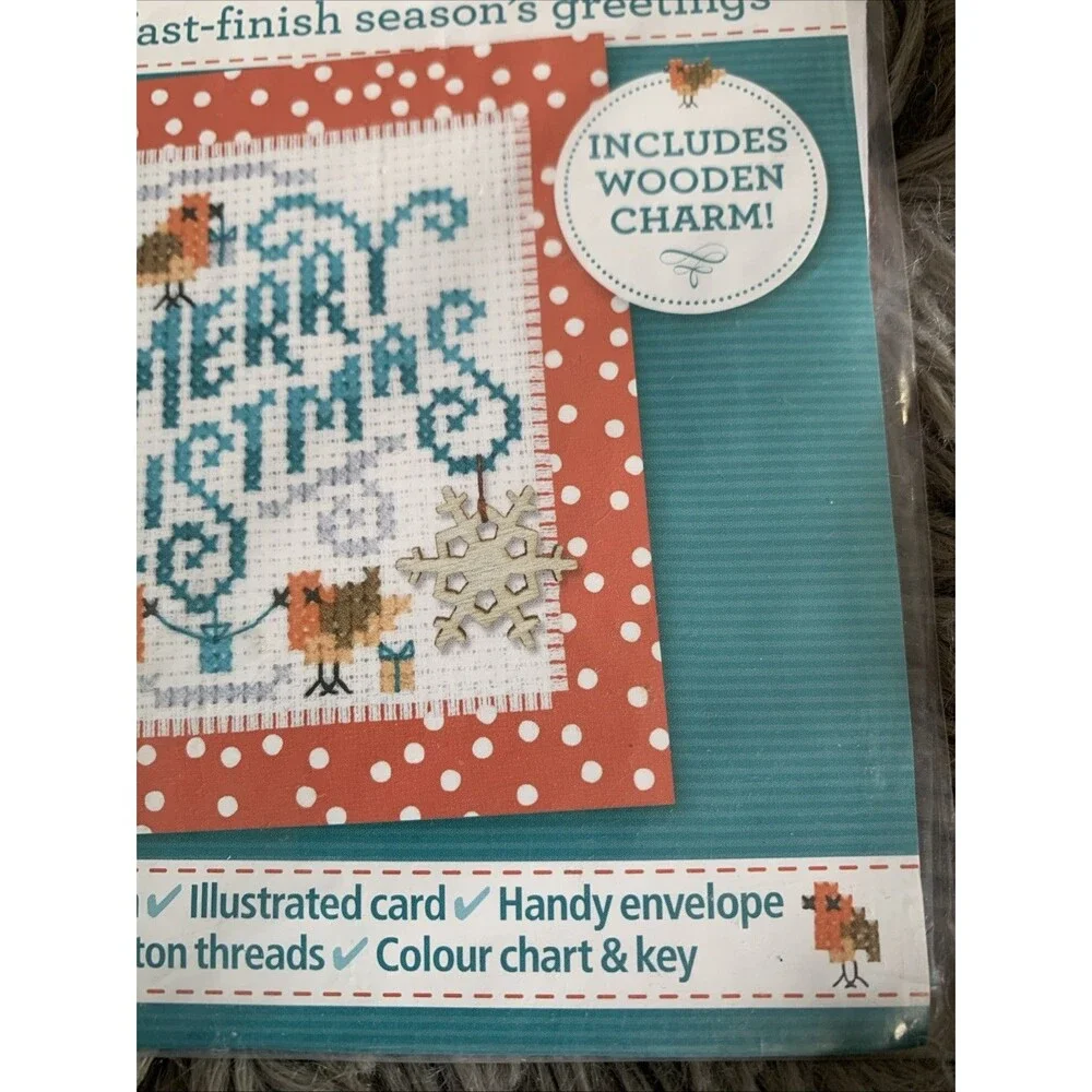 Rockin Robins Merry Christmas Card Kit With Wooden Charm Festive Cross Stitching